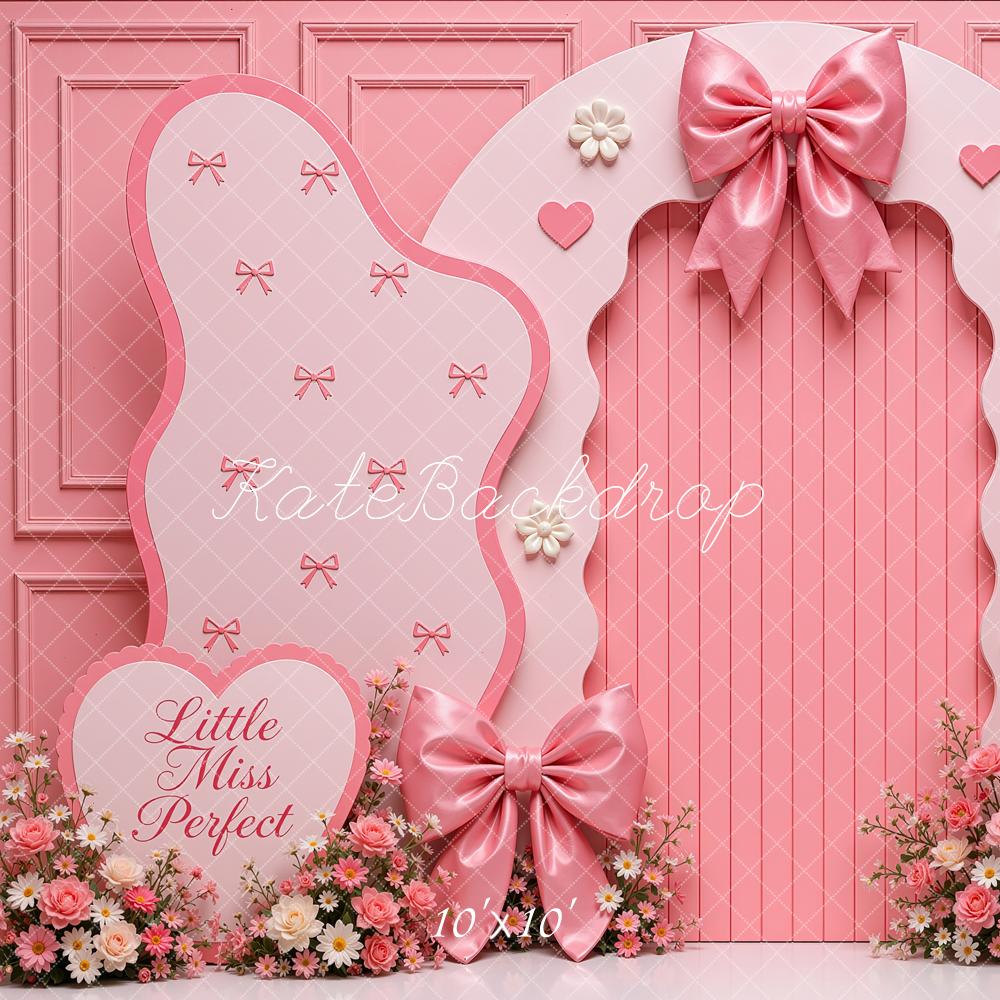 Kate Birthday Girls Pink Princess Bow Floral Arch Heart Printed Backdrop Designed by Shutter Swan Studios
