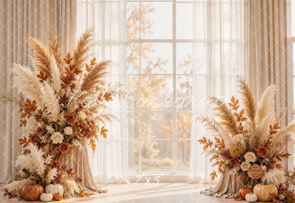 Kate Fall Pampas Floral Pumpkin Window Printed Backdrop Designed by Emetselch