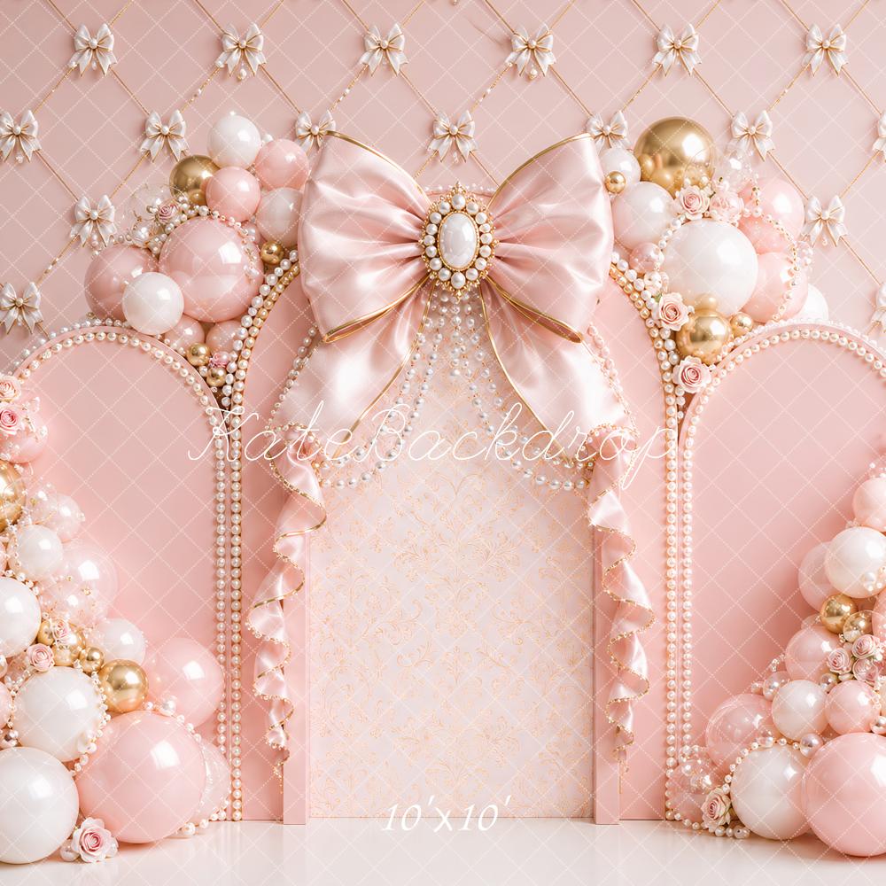 Kate Birthday Princess Pink Balloon Arch Bow Printed Backdrop Designed by Ashley Paul