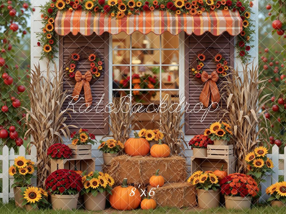 Kate Fall Cottage Pumpkins Sunflowers Hay Bales Window Printed Backdrop Designed by Mini MakeBelieve