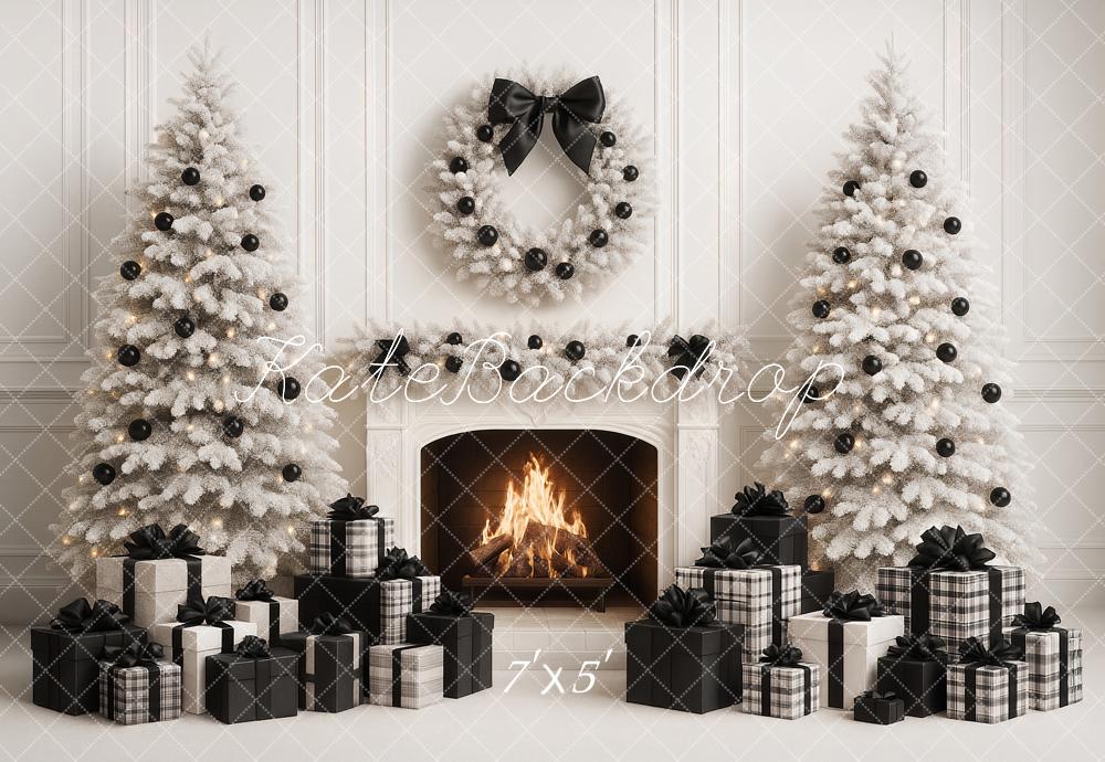 Kate Christmas Trees White Fireplace Black Gifts Bow Backdrop Designed by Ashley Paul