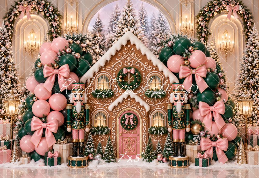 Kate Christmas Cake Smash Gingerbread House Nutcracker Balloon Pink Bow Printed Backdrop Designed by Ashley Paul