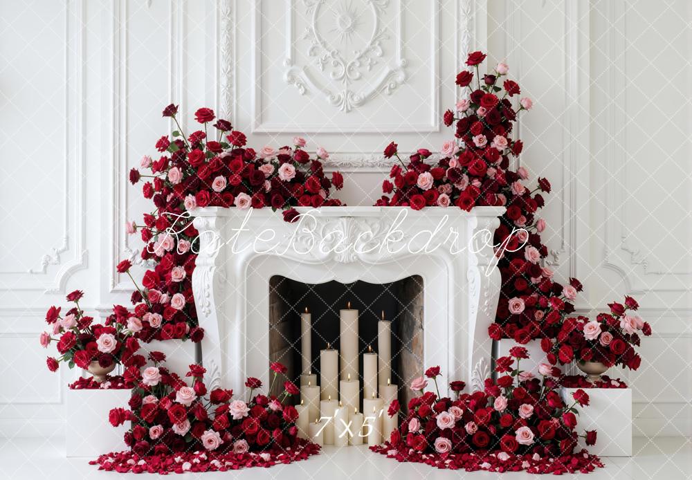 Kate Valentine's Day Red Pink Roses Fireplace Candles Backdrop Designed by Mini MakeBelieve