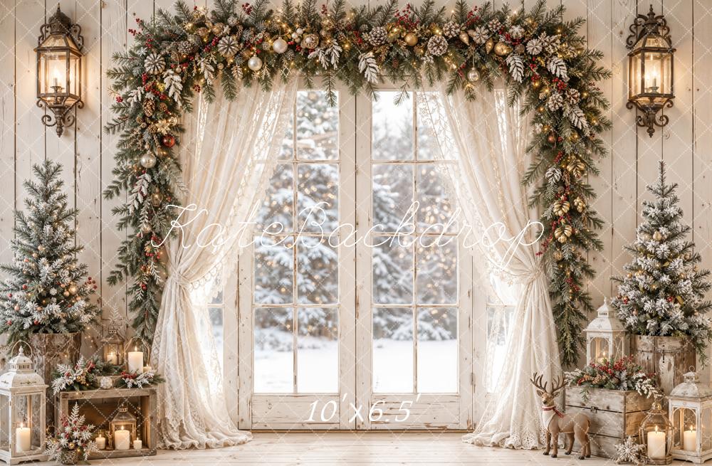 Kate Christmas Winter Window Garland Arch White Curtains Printed Backdrop Designed by Emetselch