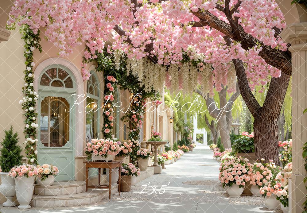 Kate Spring Pink Flower Arch Cherry Blossom Garden Printed Backdrop Designed by Mini MakeBelieve