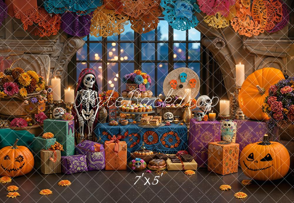 Kate Halloween Day Of The Dead Skeleton Colorful Pumpkins Floral Backdrop Designed by Emetselch