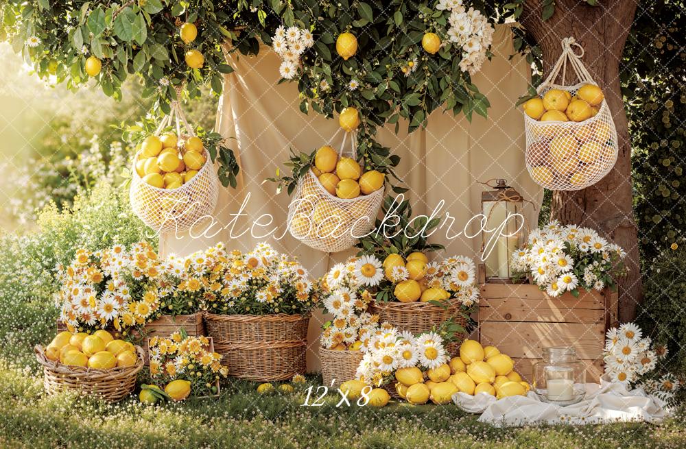 Kate Summer Lemons Baskets Daisy Flowers Picnic Garden Printed Backdrop Designed by Emetselch