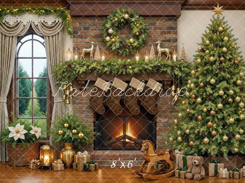 Kate Christmas Stone Fireplace Tree Wreath Window Printed Backdrop Designed by Mini MakeBelieve