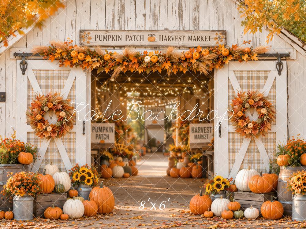Kate Fall White Barn Pumpkin Harvest Wreath Printed Backdrop Designed by Emetselch