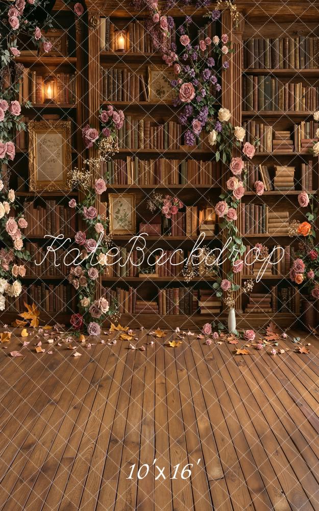 Kate Sweep School Library Bookshelf Floral Arch Wood Floor Printed Backdrop Designed by Emetselch