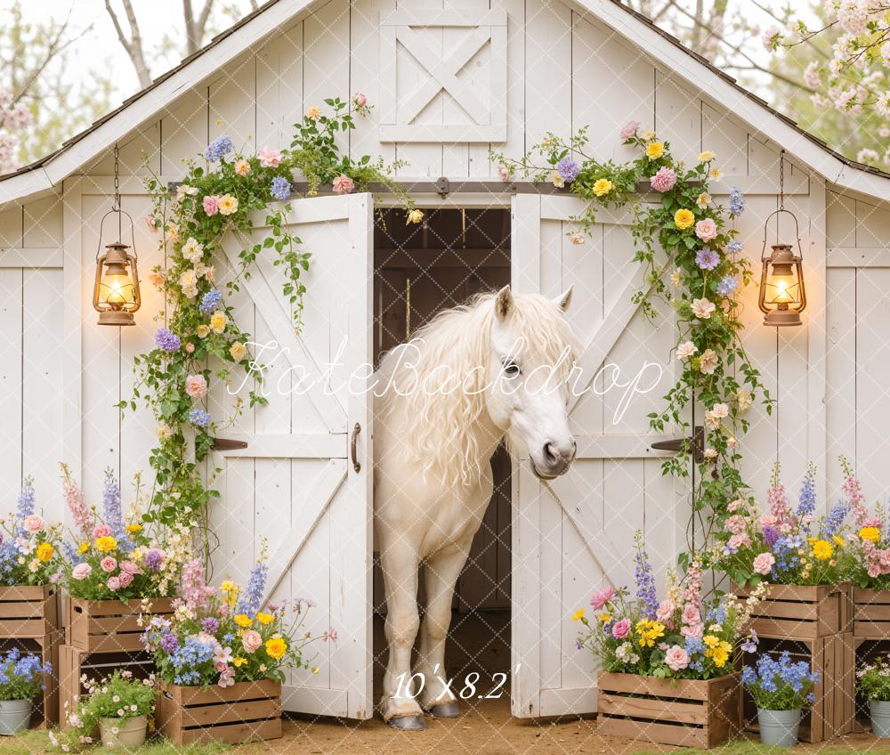 Kate Spring White Barn Horse Flower Arch Backdrop Designed by Emetselch