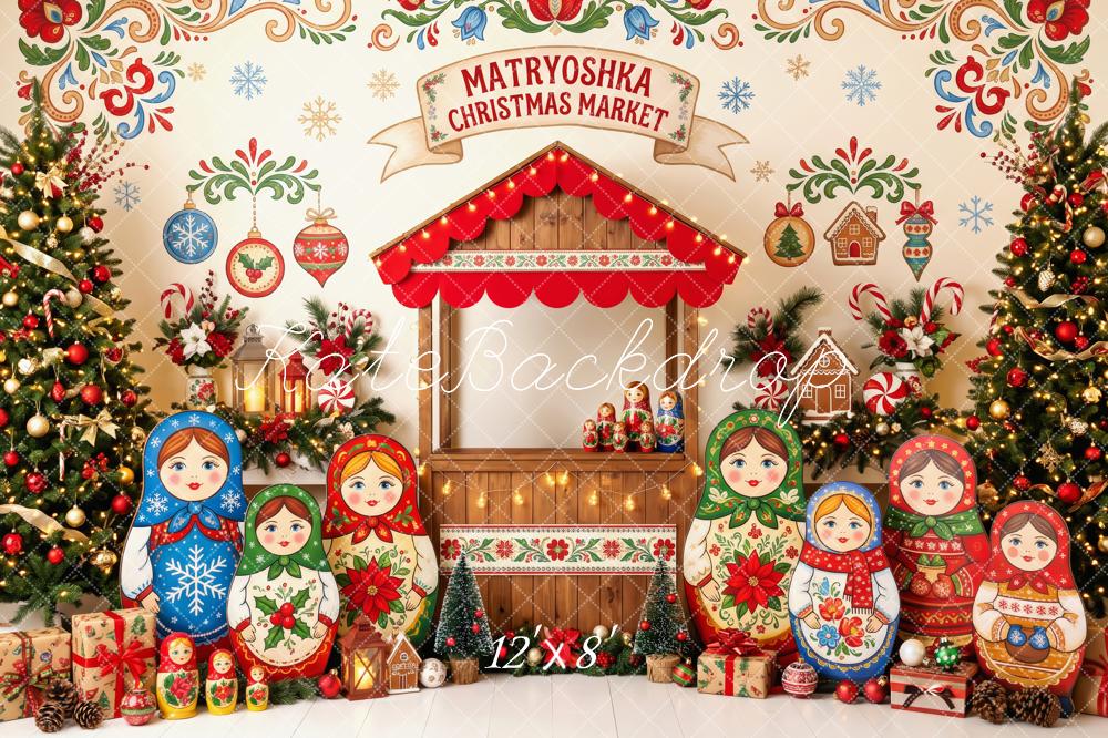 Kate Christmas Matryoshka Market Christmas Trees Ornaments Printed Backdrop Designed by Patty Roberts