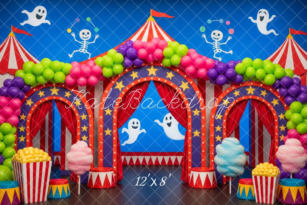 Kate Halloween Circus Ghosts Skeletons Balloons Popcorn Backdrop Designed by Patty Roberts