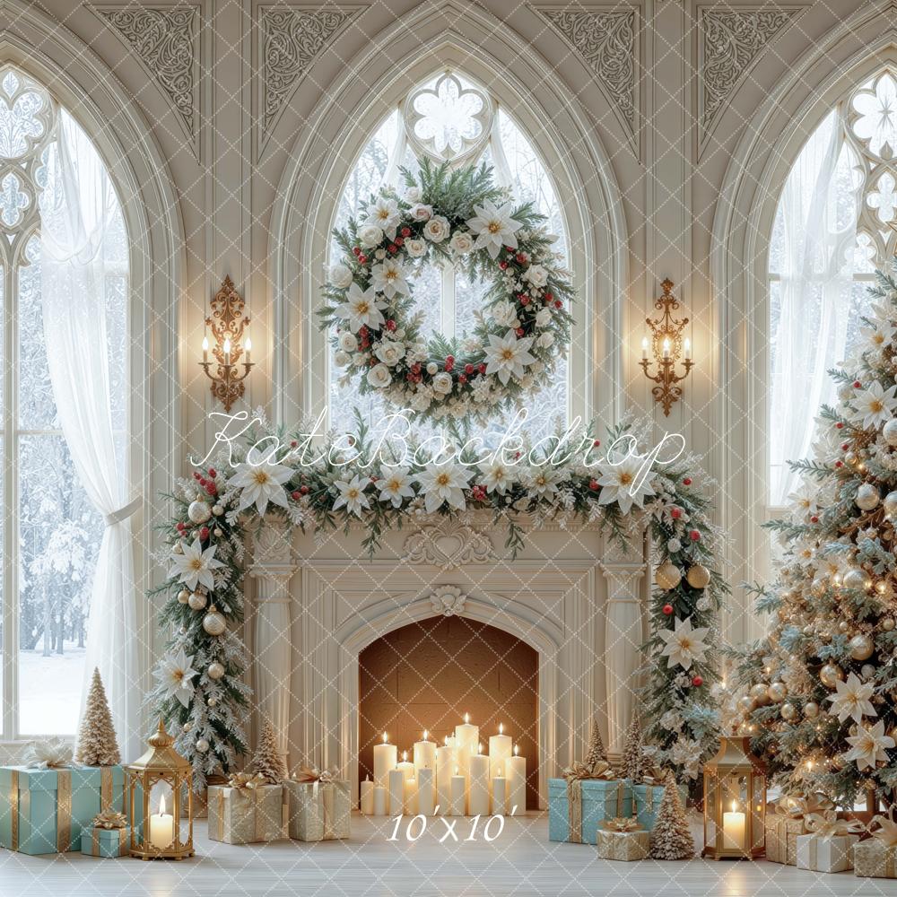 Kate Christmas Cathedral Fireplace Wreath Tree Printed Backdrop Designed by Mini MakeBelieve