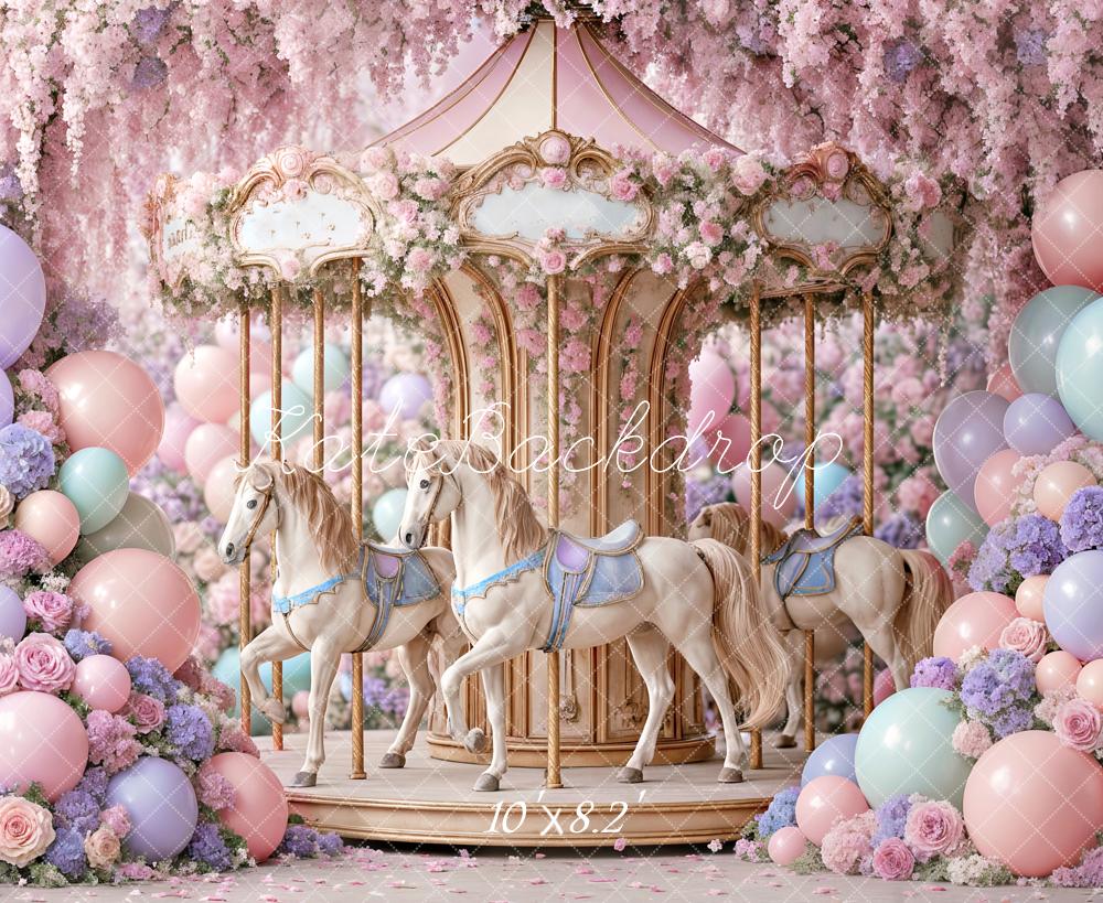 Kate Birthday Carousel Floral Balloons Pastel Printed Backdrop Designed by Ashley Paul