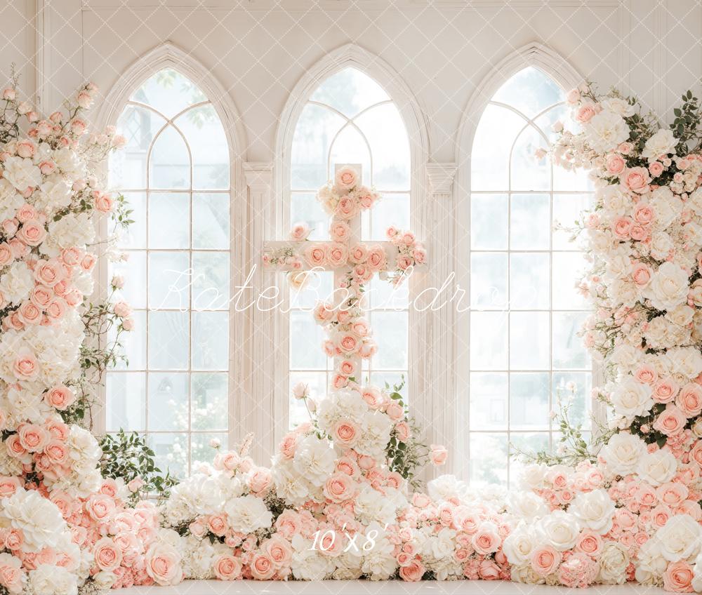 Romantische Bloemen Trouwen Cross Arched Window Foto Achtergrond Designed by Emetselch