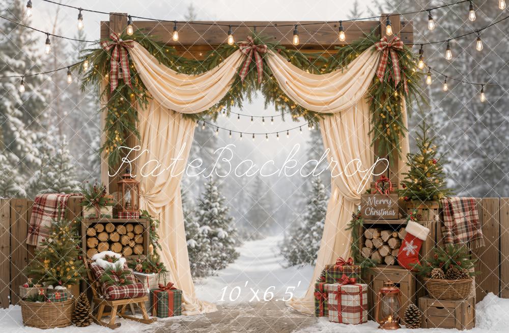 Kate Christmas Outdoor Cream Curtains Arch Pine Trees Plaid Gifts Wood Printed Backdrop Designed by Emetselch