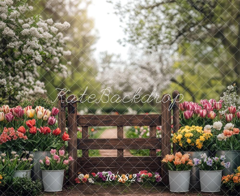Kate Spring Floral Gate Tulips and Flowers Garden Backdrop Designed by Mini MakeBelieve