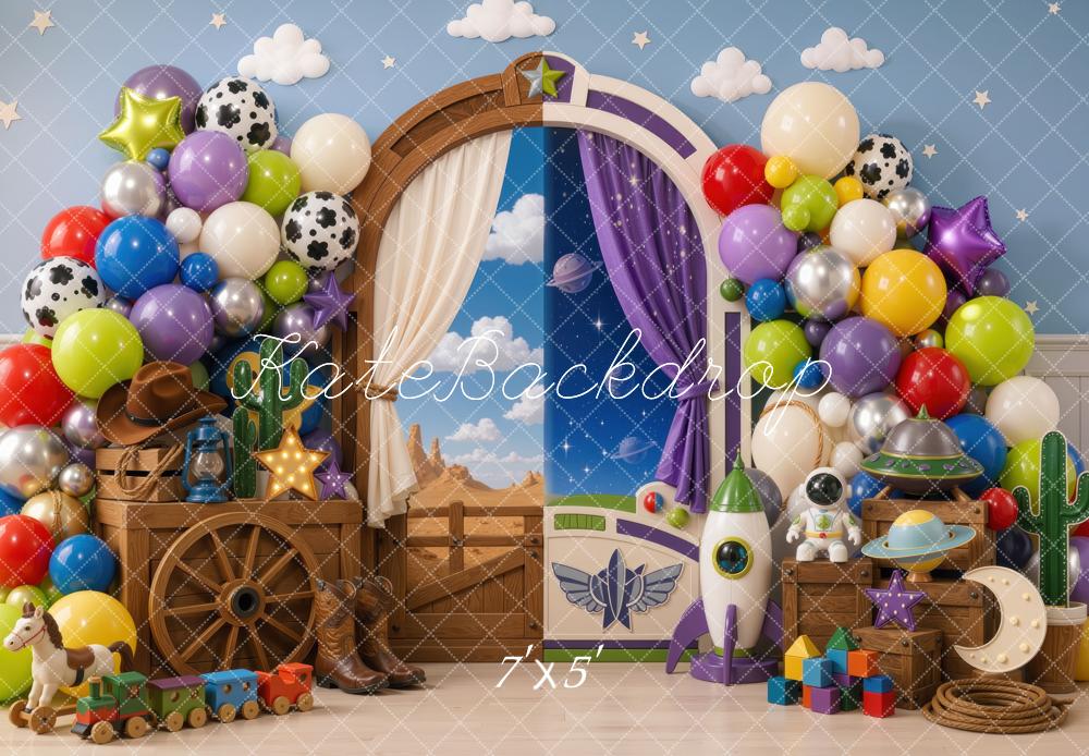 Kate Cake Smash Cowboy And Space Toys Balloon Arch Blue Wall Printed Backdrop Designed by Mini MakeBelieve