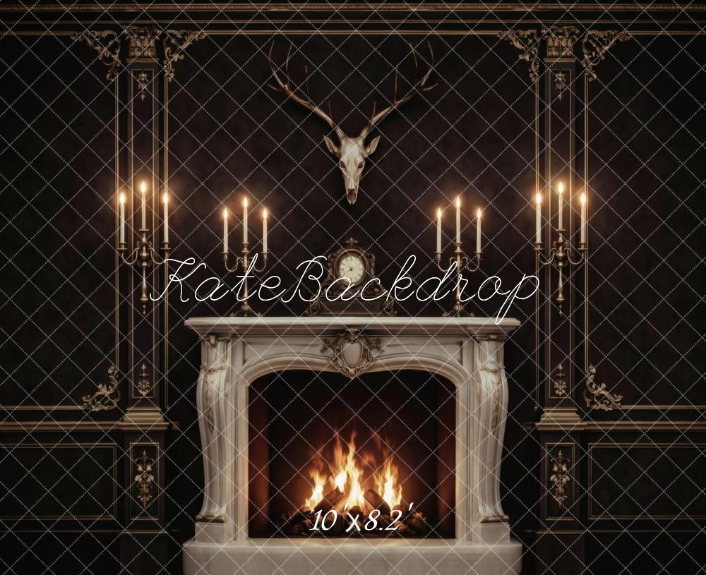 Kate Black Ornate Fireplace Candle Wall Antlers Printed Backdrop Designed by Vertigo Productions