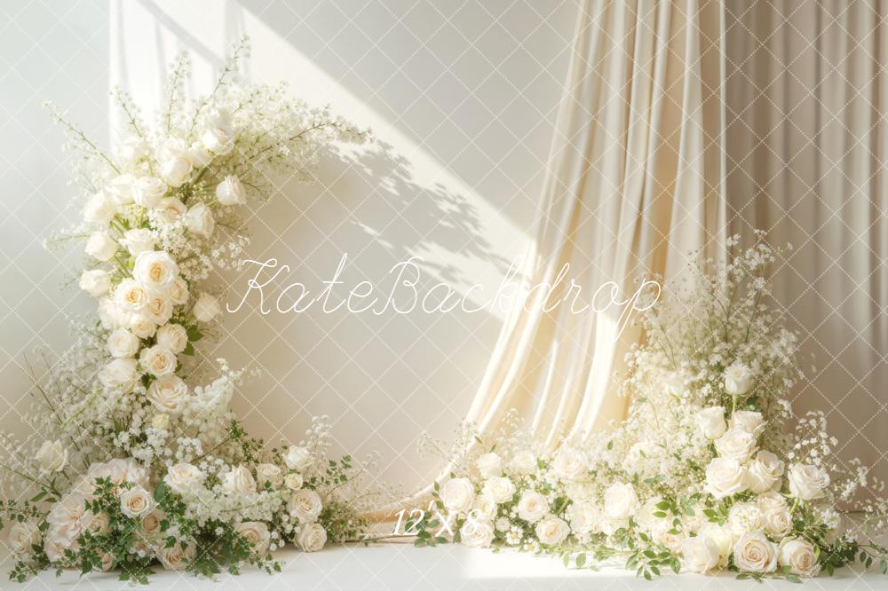 Kate Boho White Flower Arch Cream Roses Drapes Backdrop Designed by Emetselch
