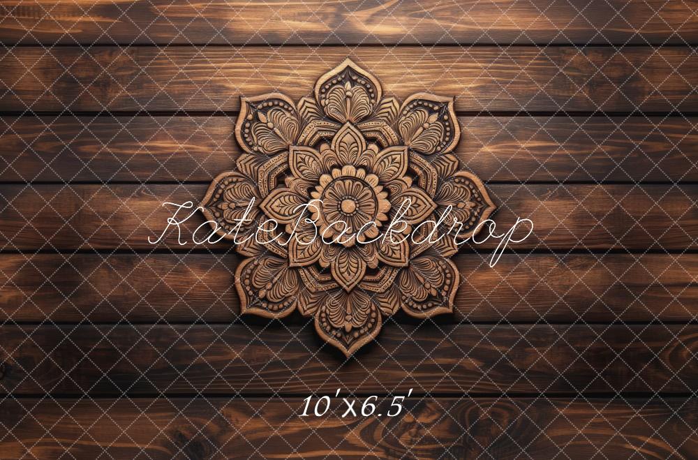 Retro Bloem Mandala Houten Vloer Foto Achtergrond Designed by Mini MakeBelieve
