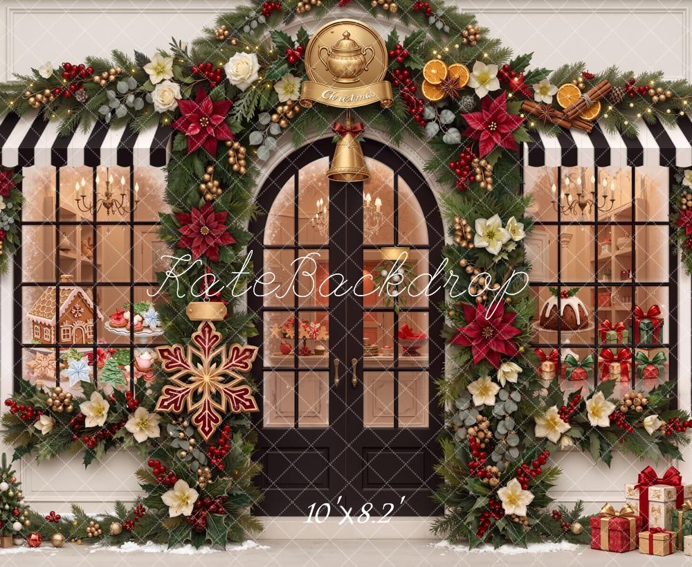 Kate Christmas Shop Front Garland Poinsettia Gifts Printed Backdrop Designed by Chain Photography