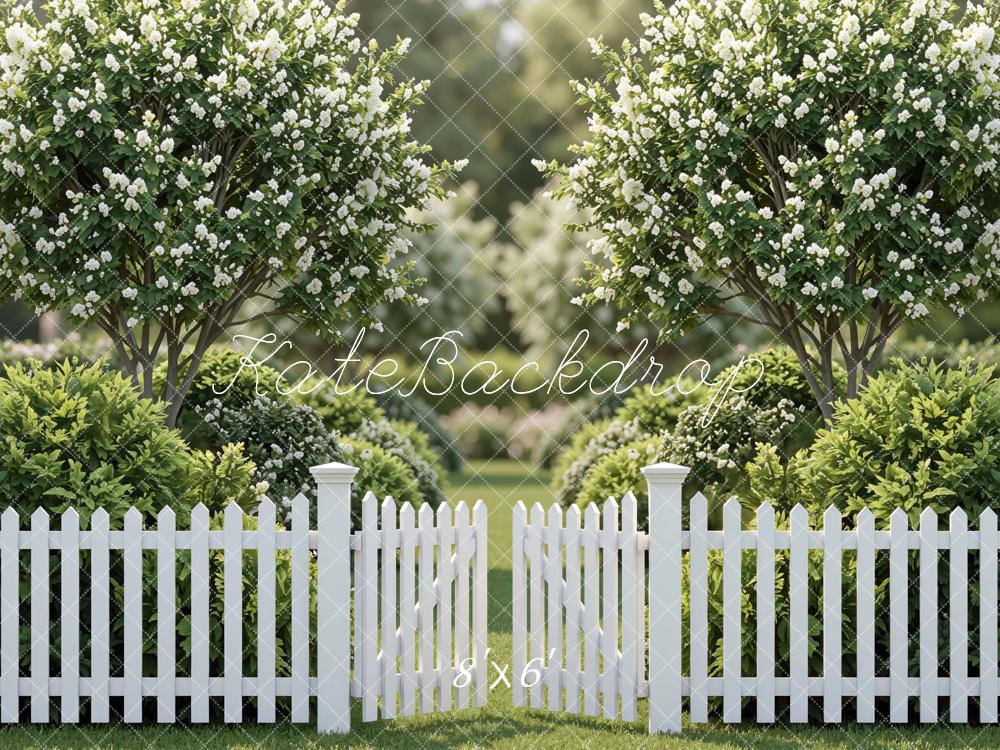 Kate Spring White Picket Fence Flowering Trees Garden Printed Backdrop Designed by Mini MakeBelieve