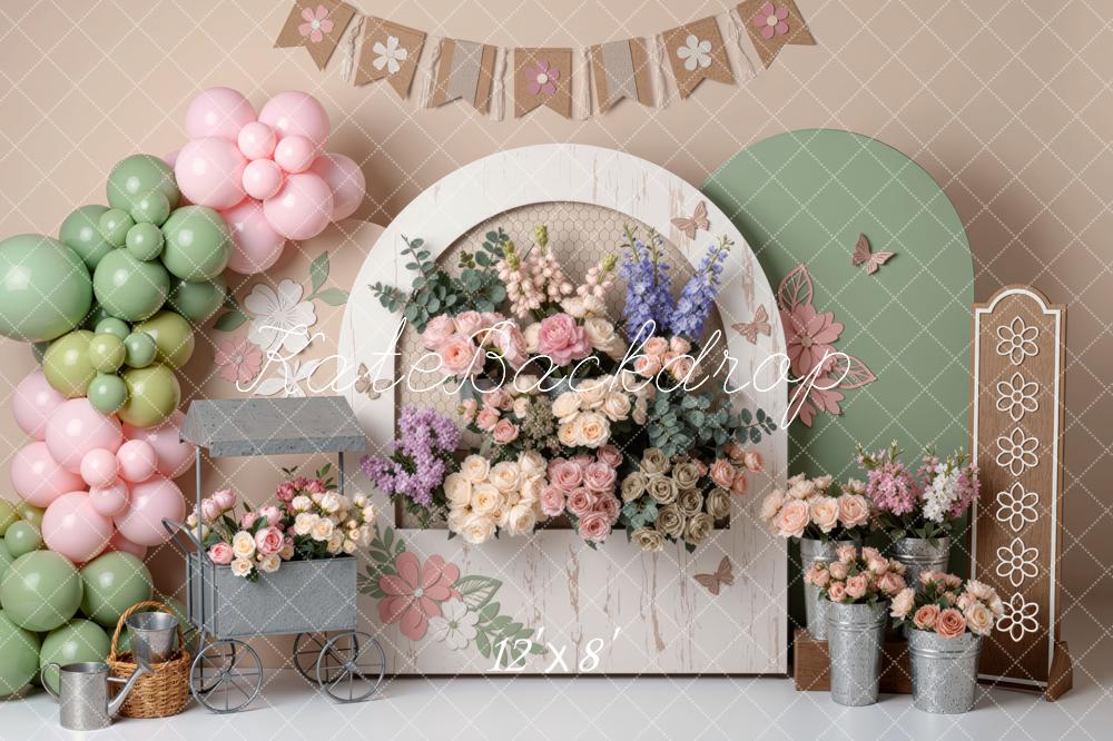 Kate Cake Smash Flower Arch Pastel Balloons Floral Bunting Printed Backdrop Designed by Mini MakeBelieve