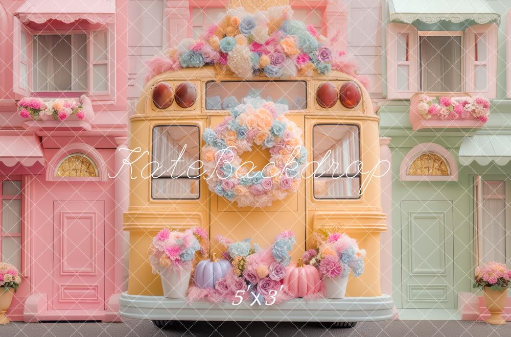 Arco de Flores de Autobús Escolar Pastel de Houses Fondo Diseñado por Mini MakeBelieve