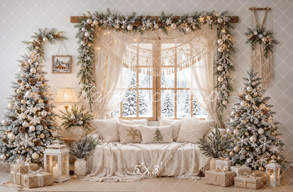 TEST Kate Christmas Boho Cozy Living Room Trees Snow Window Printed Backdrop Designed by Emetselch
