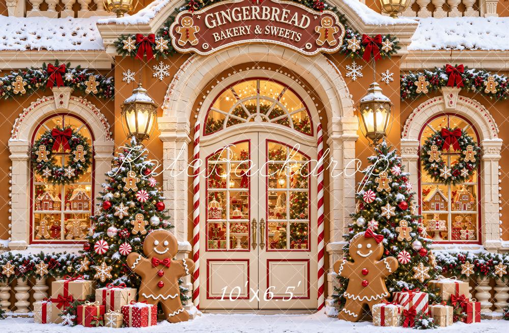 Kate Christmas Gingerbread Bakery Snowy Storefront Printed Backdrop Designed by Emetselch