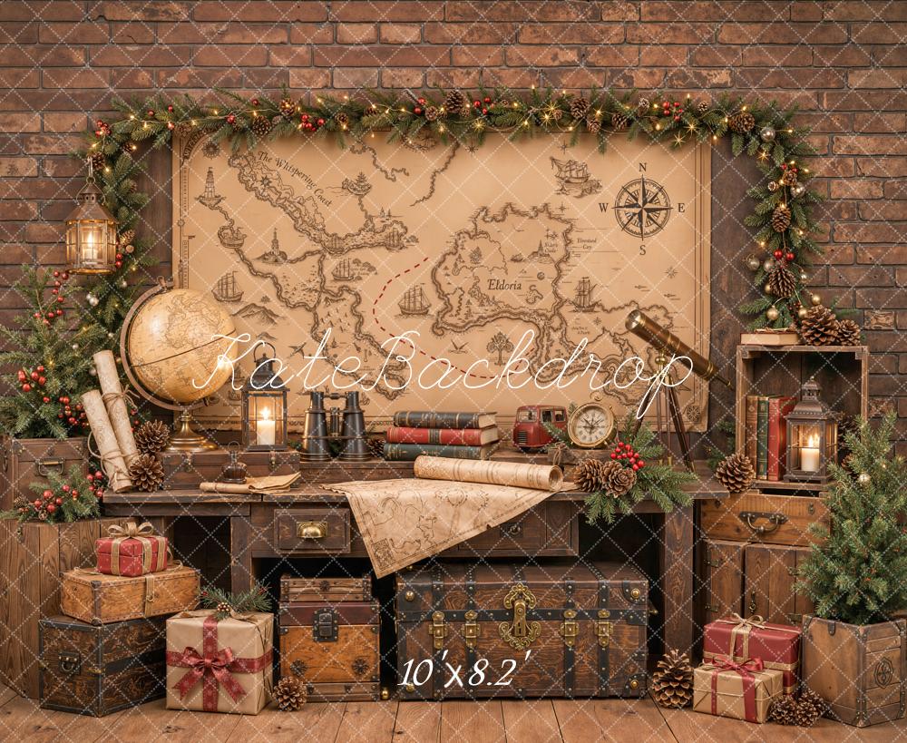 Kate Christmas Vintage Study Map Globe Garland Gifts Printed Backdrop Designed by Emetselch