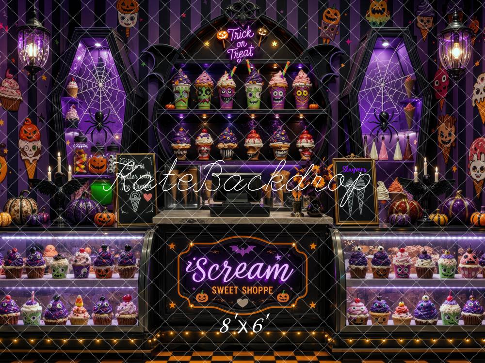 Kate Halloween Ice Cream Purple Shoppe Cupcakes Display Cabinet Printed Backdrop Designed by Mini MakeBelieve