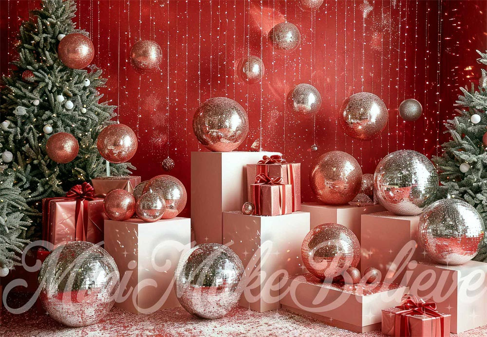 Kate Christmas Tree Retro Disco Silver Ball Red Wall Backdrop Designed by Mini MakeBelieve
