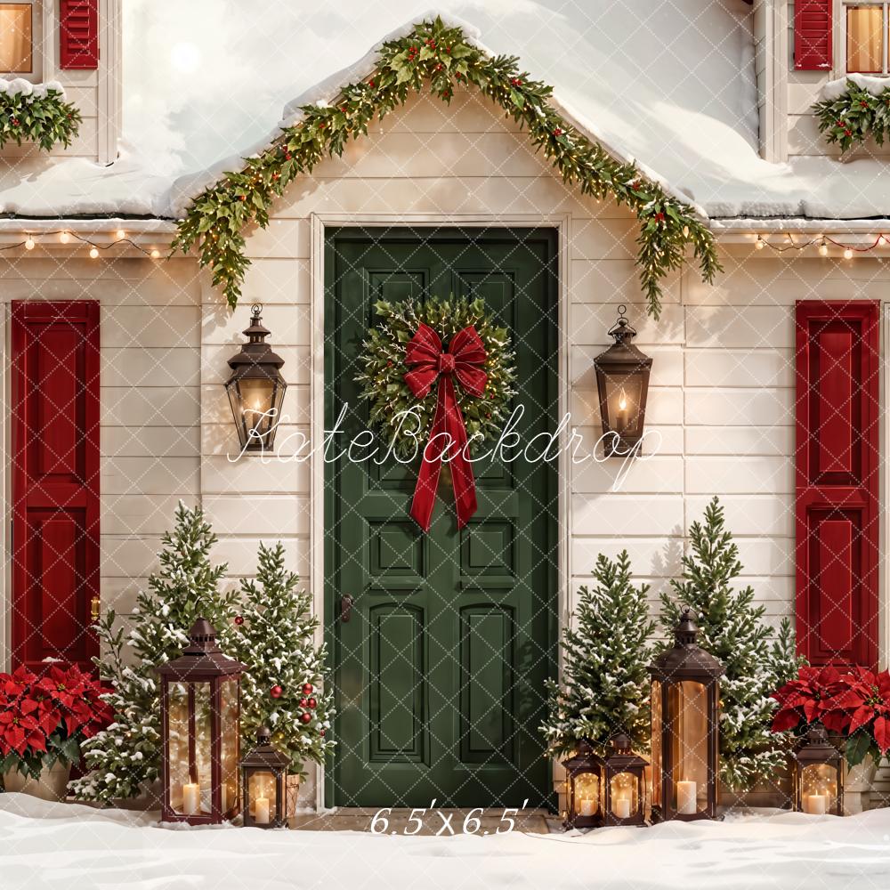 Kate Christmas Snowy House Green Door Wreath Lanterns Backdrop Designed by Emetselch