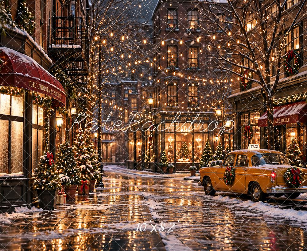 Kate Christmas Snowy City Street Taxi NYC Printed Backdrop Designed by Angela Miller