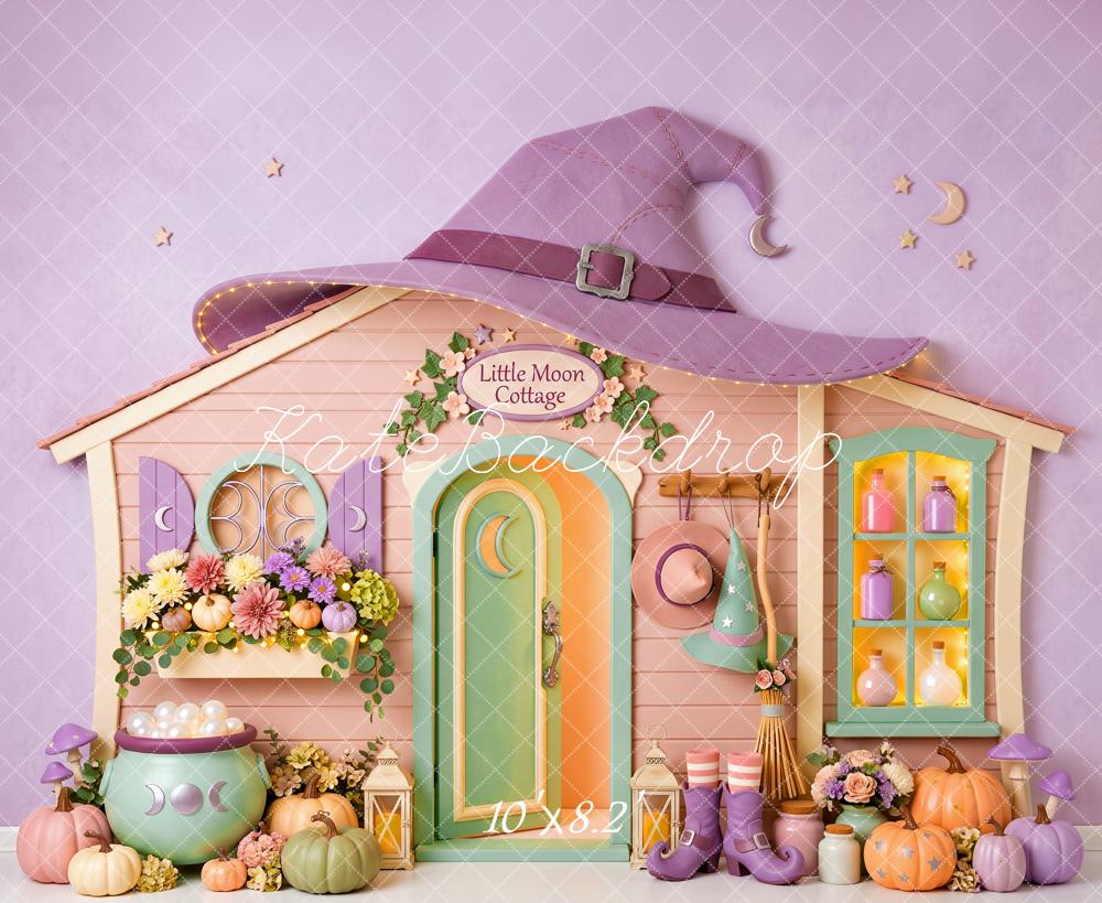 Kate Halloween Purple Witch Cottage Pumpkins Kids Printed Backdrop Designed by Patty Roberts