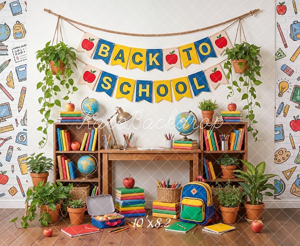 Kate Back To School Classroom Desk Books Plants Globe Backdrop Designed by Emetselch