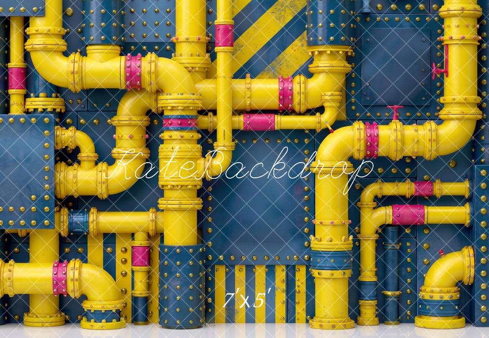 Kate Cartoon Movie Industrial Yellow Pipes Blue Riveted Wall Printed Backdrop Designed by Angela Miller