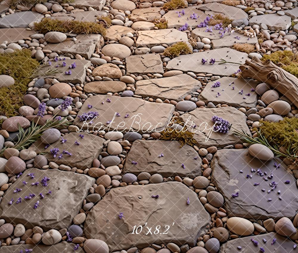 Kate Stone Pathway Pebbles Moss Log Purple Flowers Floor Printed Backdrop Designed by Kate Image
