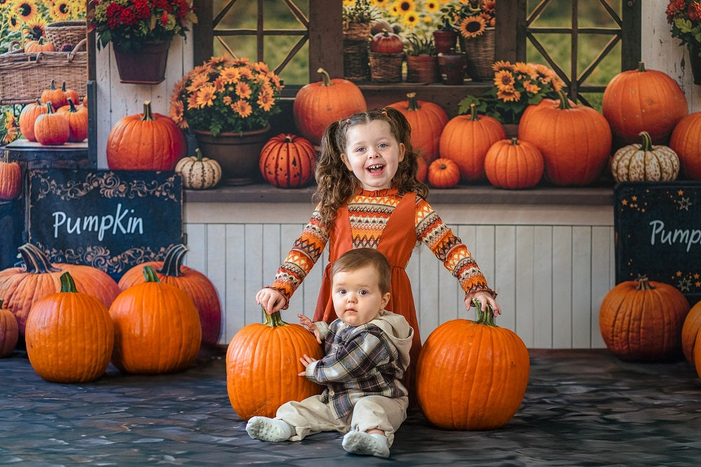 Kate Fall Pumpkin Stand Sunflowers Field Backdrop Designed by Emetselch