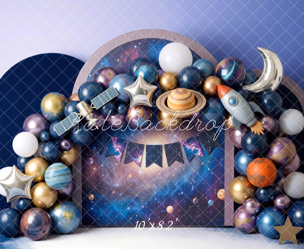 Kate Birthday Space Balloon Arch Planets Rocket Moon Printed Backdrop Designed by Mini MakeBelieve