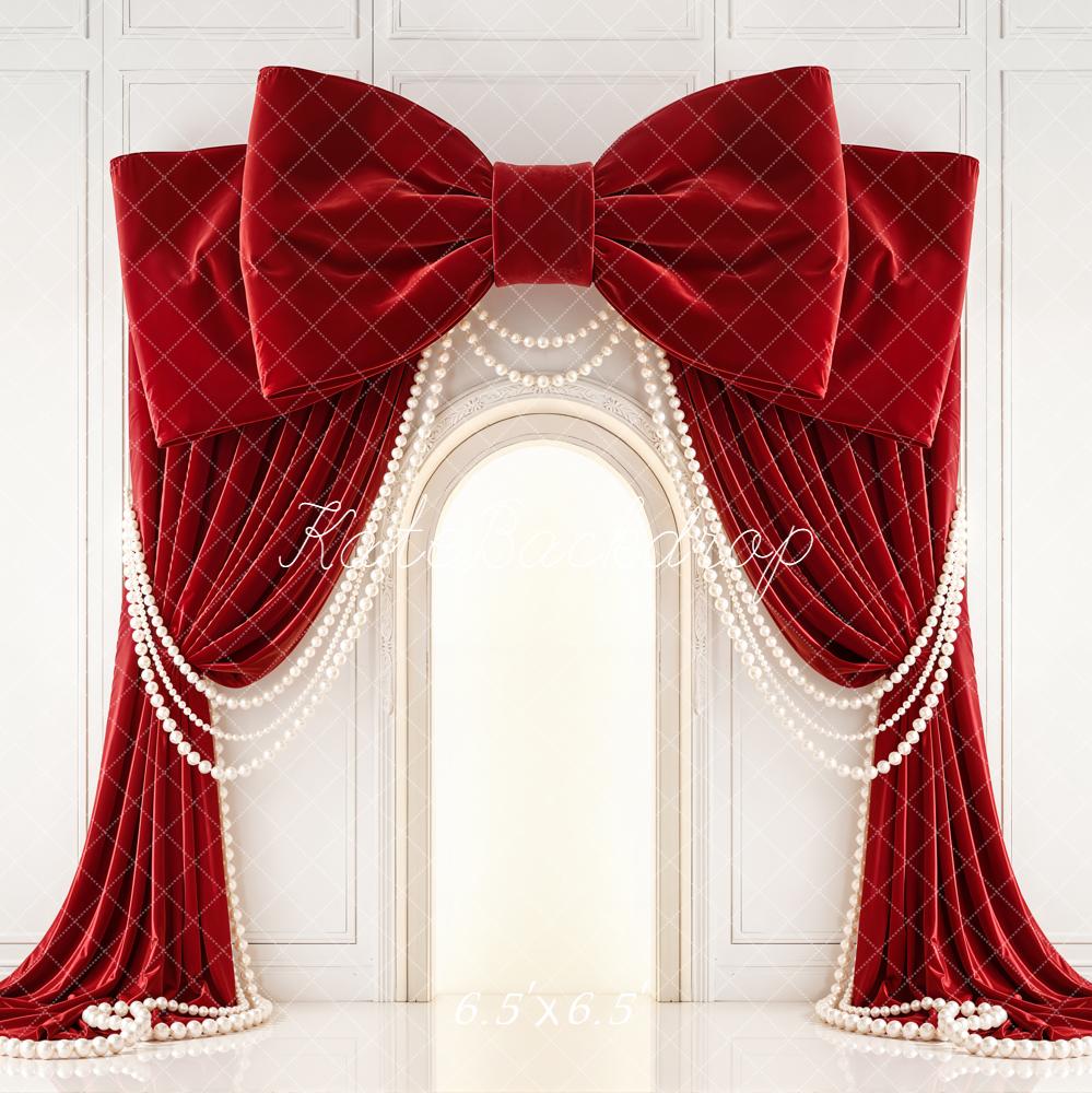 Kate Red Bow Drapes Pearls Arch Wall Backdrop Designed by Emetselch