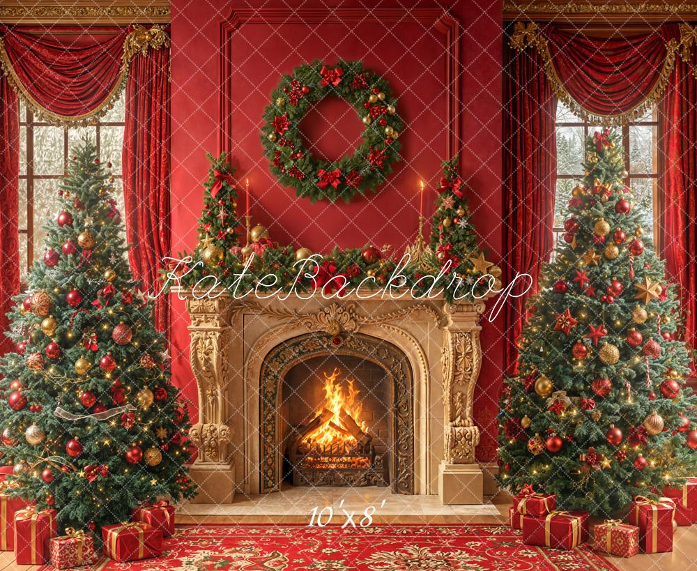Kate Christmas Trees Vintage Fireplace Wreath Red Curtains Backdrop Designed by Emetselch
