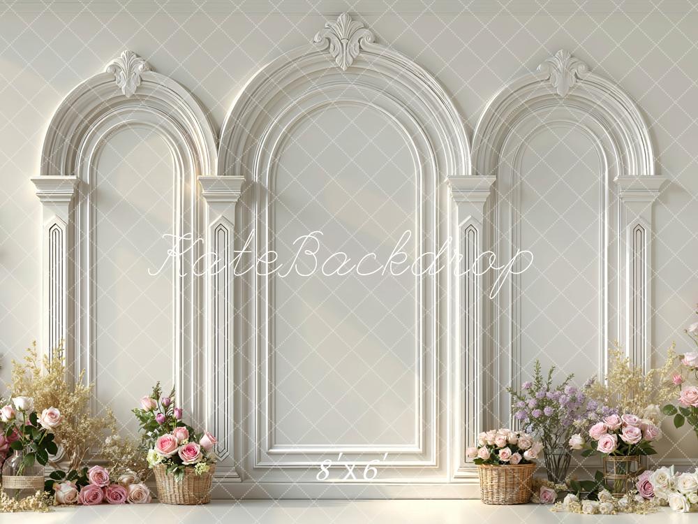 Kate White Arch Wall Flower Arrangement Printed Backdrop Designed by Mini MakeBelieve