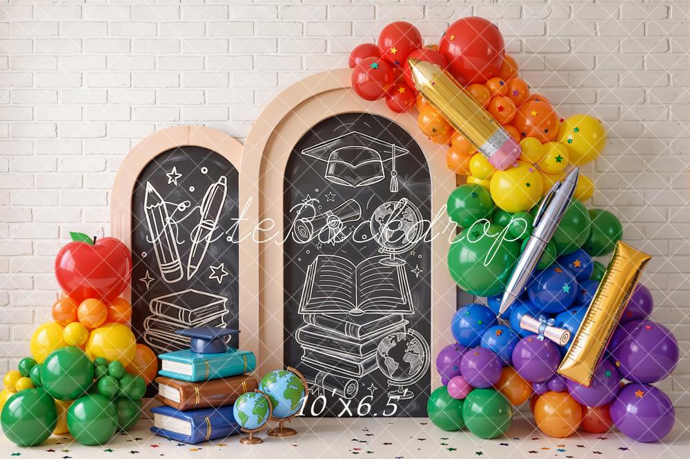 Kate Back to School Chalkboard Arch Books Balloons Globes Printed Backdrop Designed by Emetselch