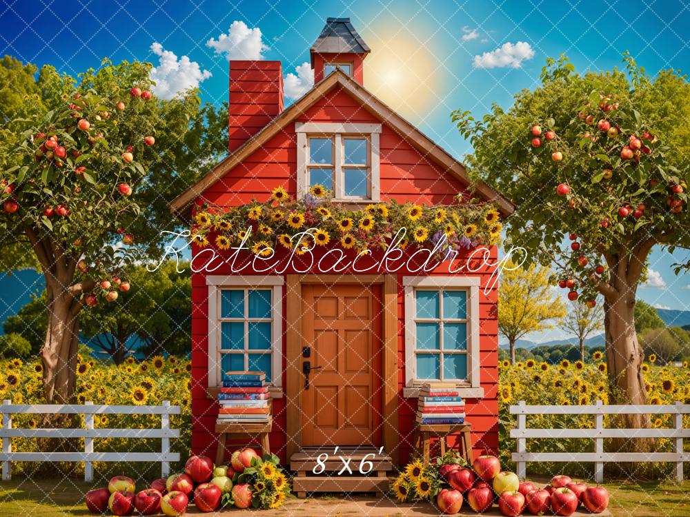 De vuelta a la escuela girasol manzana huerto casa roja fondo diseñado por Chain Photography