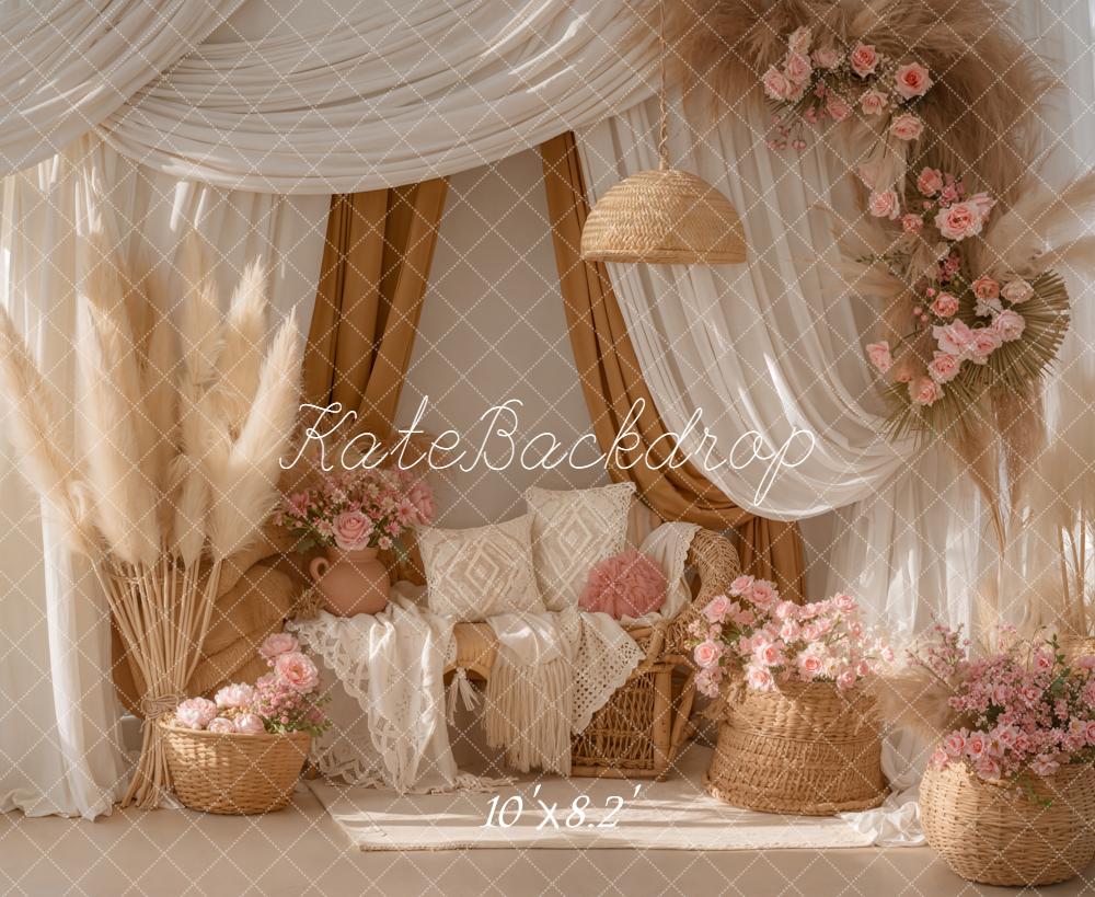Kate Boho Pampas Grass Pink Flowers Wicker Sofa Printed Backdrop Designed by Emetselch