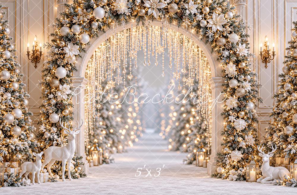 Kate Christmas White Gold Floral Archway Deer Snow Printed Backdrop Designed by Angela Miller